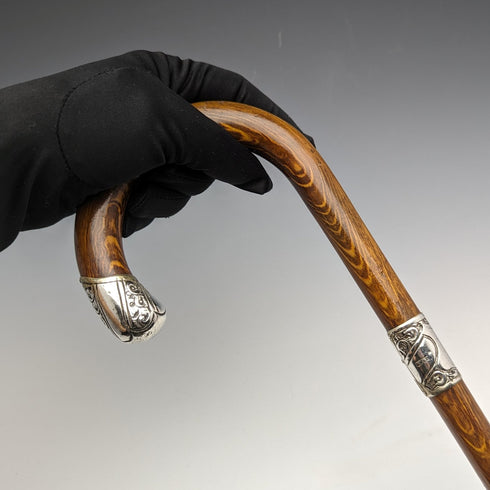 1922 British antique gentleman's walking stick brown stem sterling silver embossed decoration curved handle 90cm